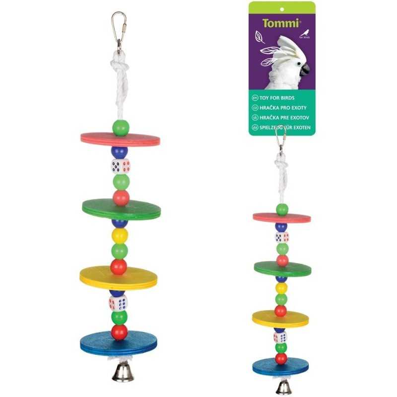 Dřevěná hračka pro exoty, lano s korálky a zvonkem