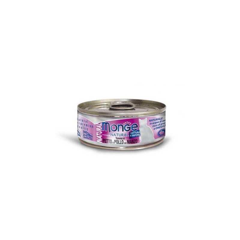 MONGE NATURAL tuňák s kuřecími prsy a hovězím pro kočky 80 g
